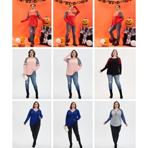 Plus Size Long Sleeve Raglan Top Color Block Leopard Plaid Comfortable - Picture 5 of 6